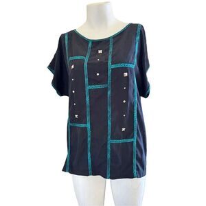 Amy Jess Women’s M vintage 80’s black green silver stud pullover silky blouse re